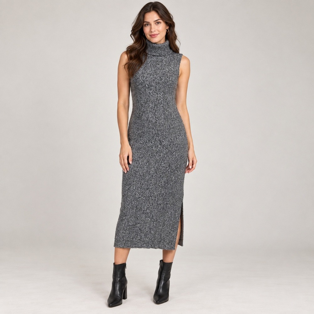 Rachel Zoe Sleeveless Turtleneck Midi Sweater Dress Grey Marl Knit Minimalist L